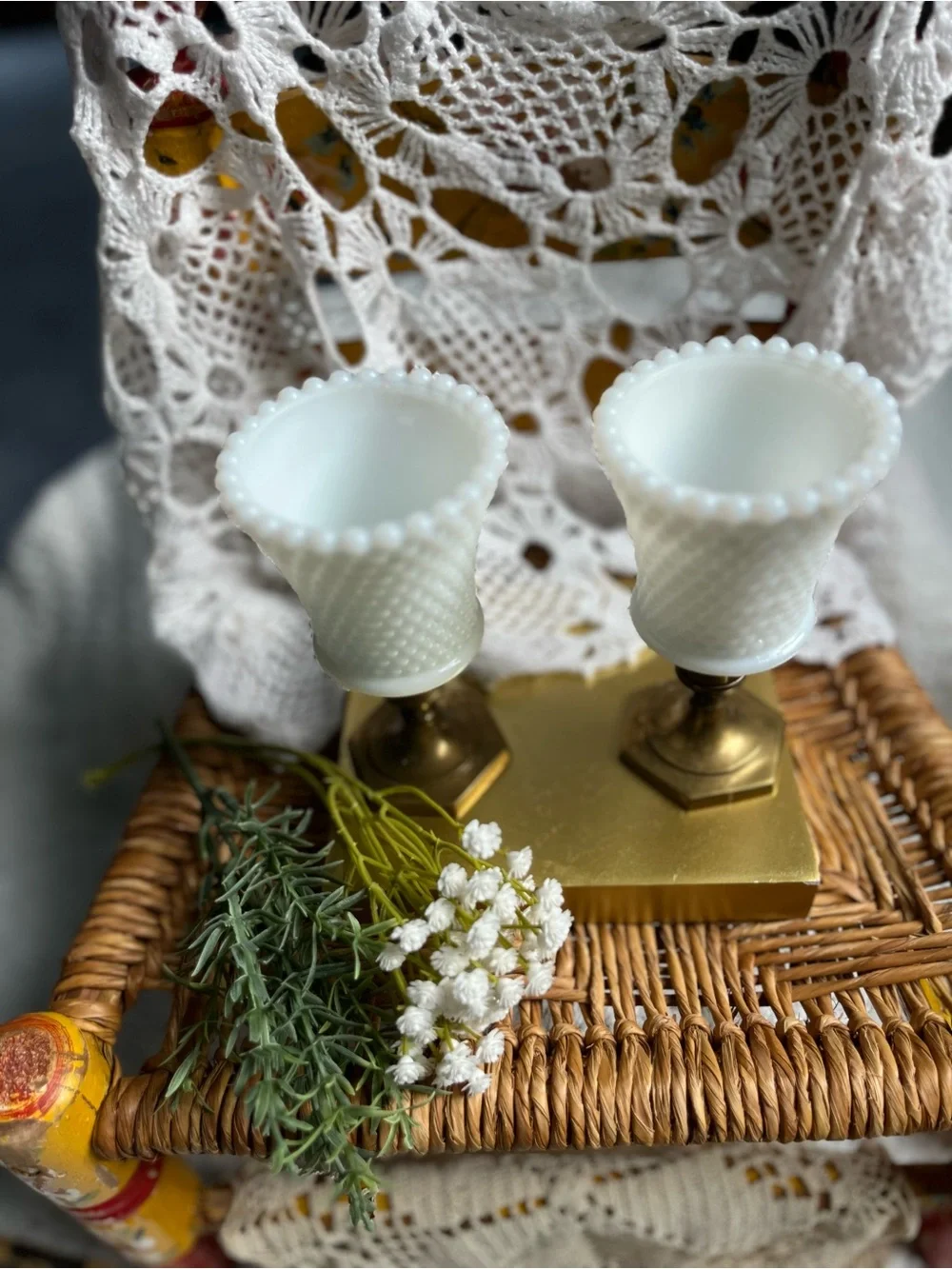 Vitg Ring of Fire Hobnail Milk Glass Peg Votives Paired with Vtg brass holders